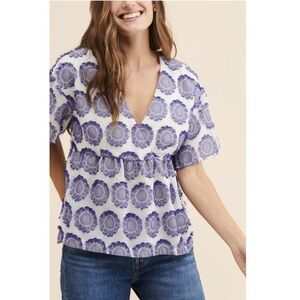 Anthropologie Maeve Floral Sunburst Surplice Peplum Blouse Boho Blue XS